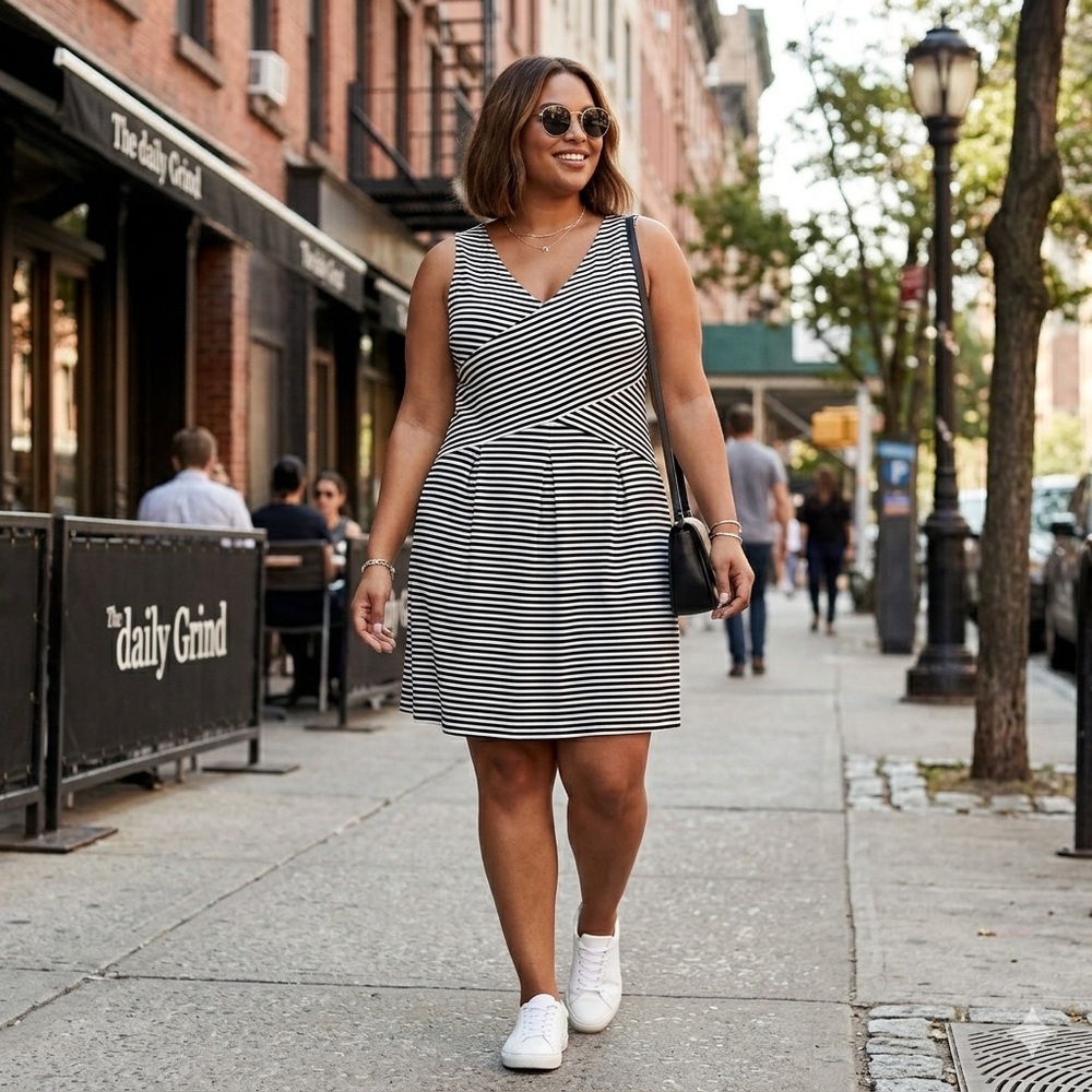 Lane‎ Bryant Black White Striped V-Neck Fit Flare Dress 28 Textured Sleeveless